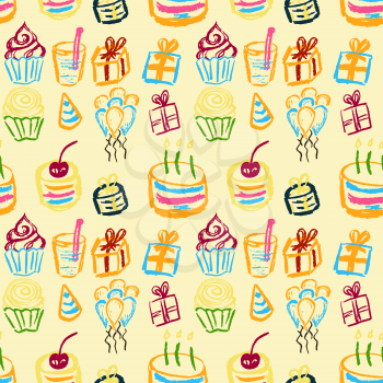 Cute stylish seamless pattern. Draw pictures, doodle. Beautiful and bright design. Interesting images for backgrounds, textiles, tapestries. Cake, cakes, balls