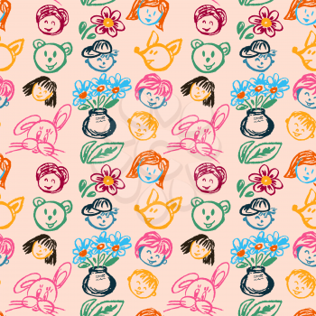 Cute stylish seamless pattern. Draw pictures, doodle. Beautiful and bright design. Interesting images for backgrounds, textiles, tapestries. Faces, flowers