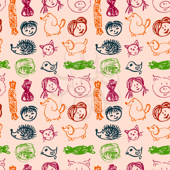 Cute stylish seamless pattern. Draw pictures, doodle. Beautiful and bright design. Interesting images for backgrounds, textiles, tapestries. Faces, sweets animals