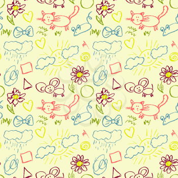 Cute stylish seamless pattern. Draw pictures, doodle. Beautiful and bright design. Interesting images for backgrounds, textiles, tapestries. Flowers, cat, mouse bow