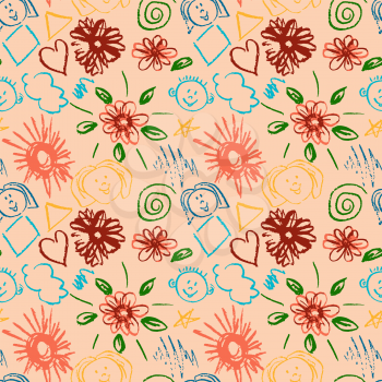 Cute stylish seamless pattern. Draw pictures, doodle. Beautiful and bright design. Interesting images for backgrounds, textiles, tapestries. Flowers, clouds, sun, faces