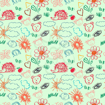 Cute stylish seamless pattern. Draw pictures, doodle. Beautiful and bright design. Interesting images for backgrounds, textiles, tapestries. Flowers, clouds, sun, hedgehog