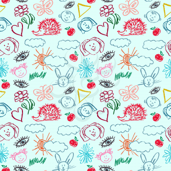 Cute stylish seamless pattern. Draw pictures, doodle. Beautiful and bright design. Interesting images for backgrounds, textiles, tapestries. Flowers, clouds, sun, hedgehog, hare