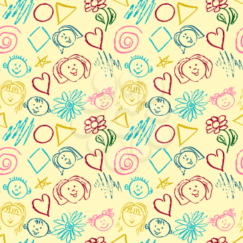 Cute stylish seamless pattern. Draw pictures, doodle. Beautiful and bright design. Interesting images for backgrounds, textiles, tapestries. Flowers, faces, geometric shapes