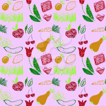 Cute stylish seamless pattern. Draw pictures, doodle. Beautiful and bright design. Interesting images for backgrounds, textiles, tapestries. Grass, vegetables fruits