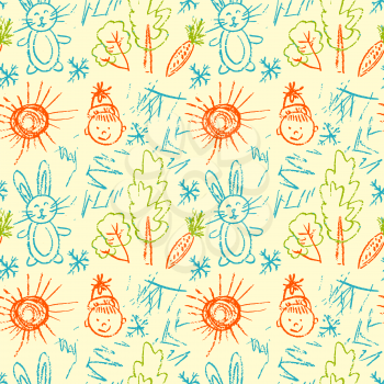 Cute stylish seamless pattern. Draw pictures, doodle. Beautiful and bright design. Interesting images for backgrounds, textiles, tapestries. Hare, carrot sun