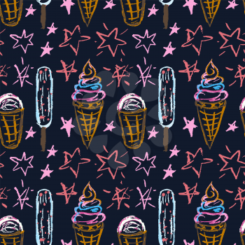 Cute stylish seamless pattern. Draw pictures, doodle. Beautiful and bright design. Interesting images for backgrounds, textiles, tapestries. Ice cream, stars