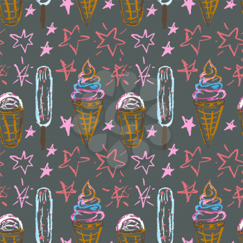 Cute stylish seamless pattern. Draw pictures, doodle. Beautiful and bright design. Interesting images for backgrounds, textiles, tapestries. Ice cream, stars. Summer