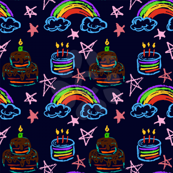 Cute stylish seamless pattern. Draw pictures, doodle. Beautiful and bright design. Interesting images for backgrounds, textiles, tapestries. Rainbow, stars, cake. Birthday