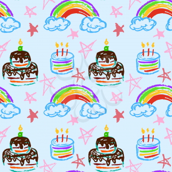 Cute stylish seamless pattern. Draw pictures, doodle. Interesting images for backgrounds, textiles, tapestries. Rainbow, stars cake Birthday