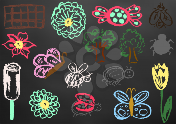 Children's drawing color chalk on a blackboard. Design elements of packaging, postcards, wraps, covers. Sweet children's creativity. Flower, butterfly, bug, spider, fly, ladybug, ice cream, tree, candy, chocolate, tulip