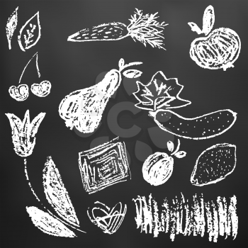 Child drawing with white chalk on a black board. Design elements of packaging, postcards, wraps, covers. Sweet children's creativity. Leaves, carrots, apple, cherry, pear, cucumber, tulip, square, heart, apricot, lemon,