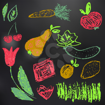 Child drawing with chalk on a black board. Design elements of packaging, postcards, wraps, covers. Sweet children's creativity. Leaves, carrots, apple, cherry, pear, cucumber, tulip, square, heart, apricot, lemon, grass