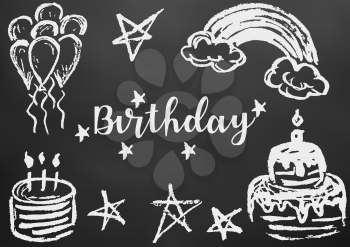 Happy Birthday. Greeting card, flyer, banner. Drawing chalk on a black board. Cake, candles, stars, air balls, rainbow