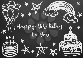 Happy Birthday to You. Greeting card, flyer, banner. Drawing chalk on a black board. Cake, candles, stars, air balls, rainbow