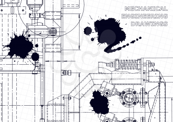 Machine-building industry. Instrument-making drawings. Computer aided design systems. Technical illustrations, backgrounds. Black Ink. Blots. Blueprint, diagram, plan, sketch