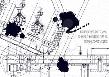 Mechanical instrument making. Technical illustration. Black Ink. Blots. Technical abstract backgrounds