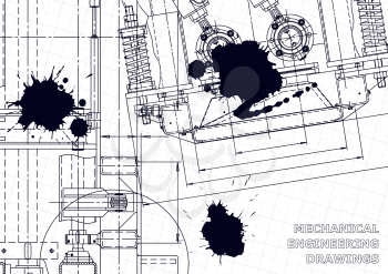 Mechanical instrument making. Technical illustration. Blueprint Black Ink. Blots