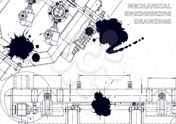 Mechanical instrument making. Technical illustration. Blueprint, cover, banner. Black Ink. Blots. Technical abstract backgrounds