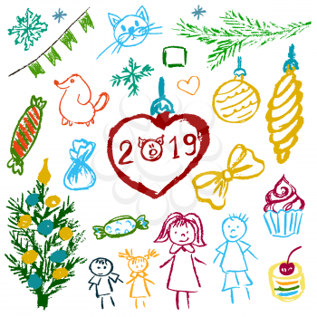 New Year 2019. New Year's set of elements for your creativity. Children's drawings of wax crayons on a white background. Christmas tree, fur-tree toys, candy, gifts, children, 2019, family