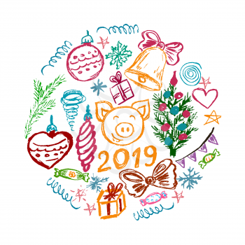 New Year 2019. New Year's set of elements for your creativity. Children's drawings of wax crayons on a white background. Christmas tree, fur-tree toys, candy, gifts, pig, 2019