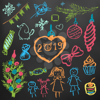 New Year 2019. New Year's set of elements for your creativity. Children's drawings wax crayons on a black background. Christmas tree, fur-tree toys, candy, gifts, children, 2019, family