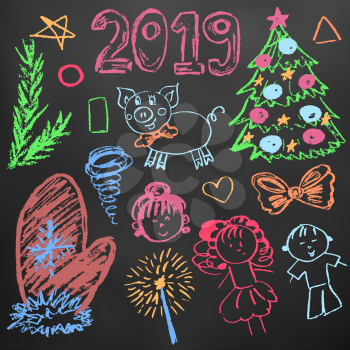 New Year 2019. New Year's set of elements for your creativity. Children's drawings wax crayons on a black background. Christmas tree, mitten, 2019, pig, children