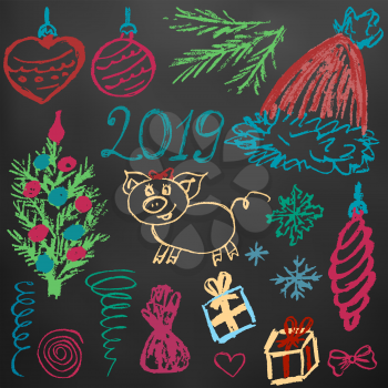 New Year 2019. New Year's set of elements for your creativity. Children's drawings wax crayons on a black background. Snowflakes, gifts, Christmas tree, Christmas toys, candy, Christmas hat, 2019, pig