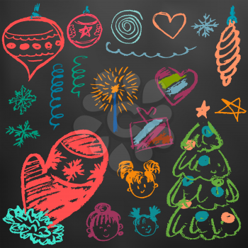 New Year 2019. New Year's set of elements for your creativity. Children's drawings wax crayons on a black background. Snowflakes, gifts, Christmas tree, fur-tree toys, children, mittens