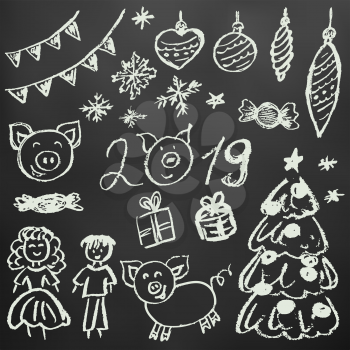 New Year 2019. New Year's set of elements for your creativity. Children's drawings with white chalk on a black background. Christmas tree, fur-tree toys, candy, gifts, children, 2019, pig