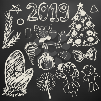 New Year 2019. New Year's set of elements for your creativity. Children's drawings with white chalk on a black background. Christmas tree, mitten, 2019, pig, children