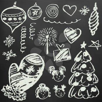 New Year 2019. New Year's set of elements for your creativity. Children's drawings with white chalk on a black background. Snowflakes, gifts, Christmas tree, fur-tree toys, children, mittens