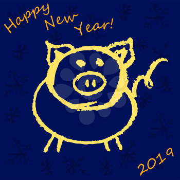 New Year's greeting card, banner, flyer. Happy New Year. 2019. Children's drawing wax crayons. Pig