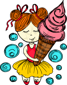 Postcard, flyer, banner, print for clothes. Girl with ice cream. Bubble