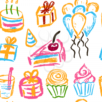 Seamless pattern. Draw pictures, doodle. Beautiful and bright design. Interesting images for backgrounds, textiles, tapestries. Cake balls Celebration
