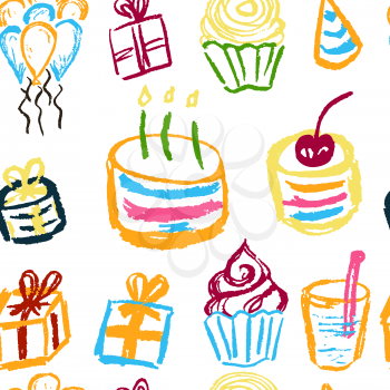 Seamless pattern. Draw pictures, doodle. Beautiful and bright design. Interesting images for backgrounds, textiles, tapestries. Cake cakes balls