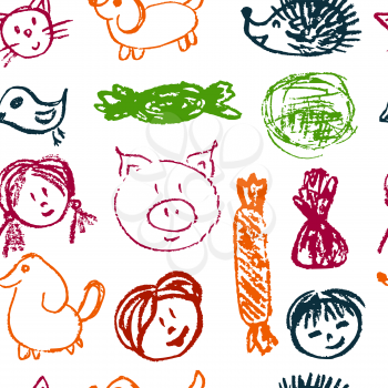 Seamless pattern. Draw pictures, doodle. Beautiful and bright design. Interesting images for backgrounds, textiles, tapestries. Faces sweets animals