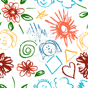 Seamless pattern. Draw pictures, doodle. Beautiful and bright design. Interesting images for backgrounds, textiles, tapestries. Flowers, clouds, sun, faces