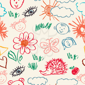 Seamless pattern. Draw pictures, doodle. Beautiful and bright design. Interesting images for backgrounds, textiles, tapestries. Flowers, clouds sun hedgehog
