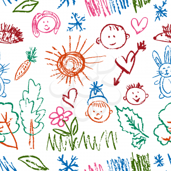 Seamless pattern. Draw pictures, doodle. Beautiful and bright design. Interesting images for backgrounds, textiles, tapestries. Flowers, hare, carrot, sun