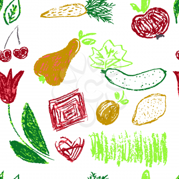 Seamless pattern. Draw pictures, doodle. Beautiful and bright design. Interesting images for backgrounds, textiles, tapestries. Grass, vegetables, fruits