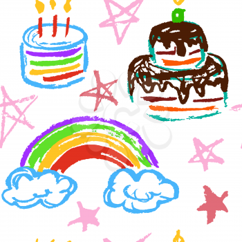 Seamless pattern. Draw pictures, doodle. Interesting images for backgrounds, textiles, tapestries. Rainbow, stars, cake. Birthday