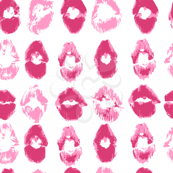 Seamless pattern. Hand drawing. Acrylic paints. Background for your creativity. Lips, kiss, Pink lipstick