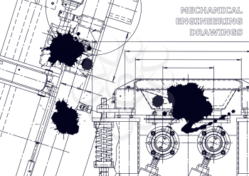 Sketch. Vector engineering illustration. Cover, flyer, banner, background. Instrument-making drawings. Mechanical engineering drawing. Black Ink. Blots. Blueprint