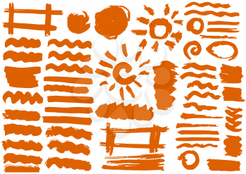 Solar design elements. Vector Sun. Orange stripes, grunge. Handmade. Original textures, hand drawing Brushes frames