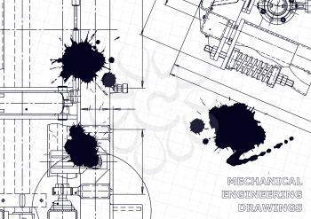 Technical abstract backgrounds. Mechanical instrument making. Black Ink. Blots