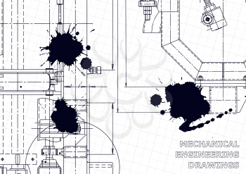 Technical abstract backgrounds. Mechanical instrument making. Black Ink. Blots. Blueprint, cover