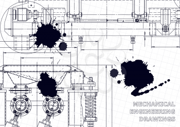Technical abstract background. Vector engineering drawing. Mechanical instrument making. Black Ink. Blots