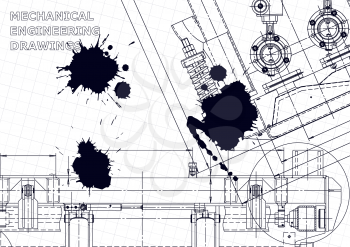 Technical background. Vector drawing. Mechanical instrument making. Black Ink. Blots