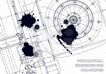 Vector banner. Engineering drawings. Mechanical instrument making. Black Ink. Blots. Technical illustration. Blueprint